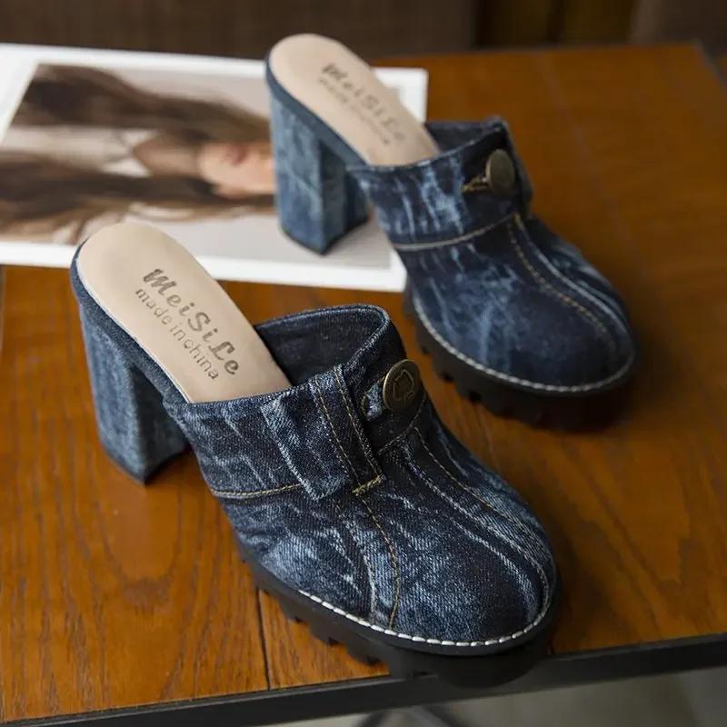 Fashion 2024Women Sexy High Heel Slippers Thick-heeled Denim Ripped Toe Head Slippers Height Increasing Toe Shoes