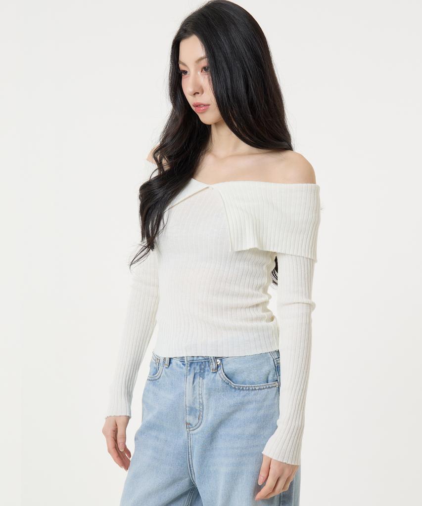 UNKNOWN PLANET Ruffle Boat Neck Long Sleeve Knit Top White