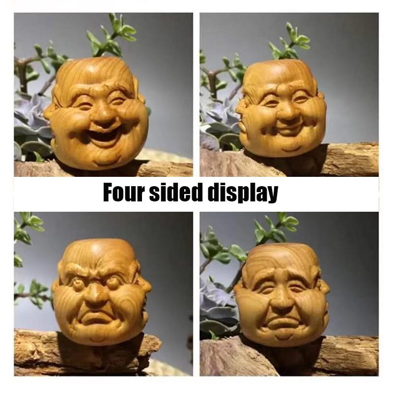 Chinese style cliff cypress  wood carving with four sided Buddha decorations of joy, anger, sorrow, and music People expression