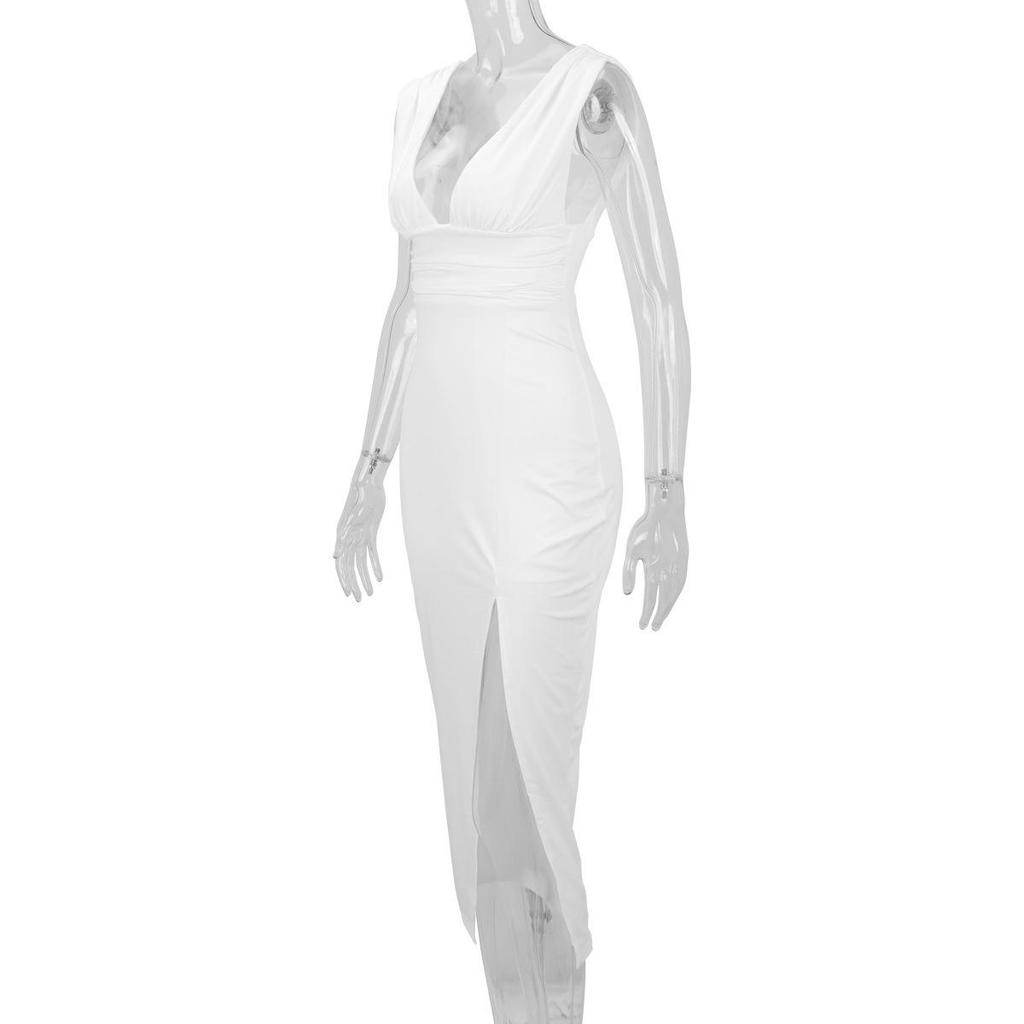2025 Women's Summer Deep V-neck Backless Slit Dress: European & American Fashion
