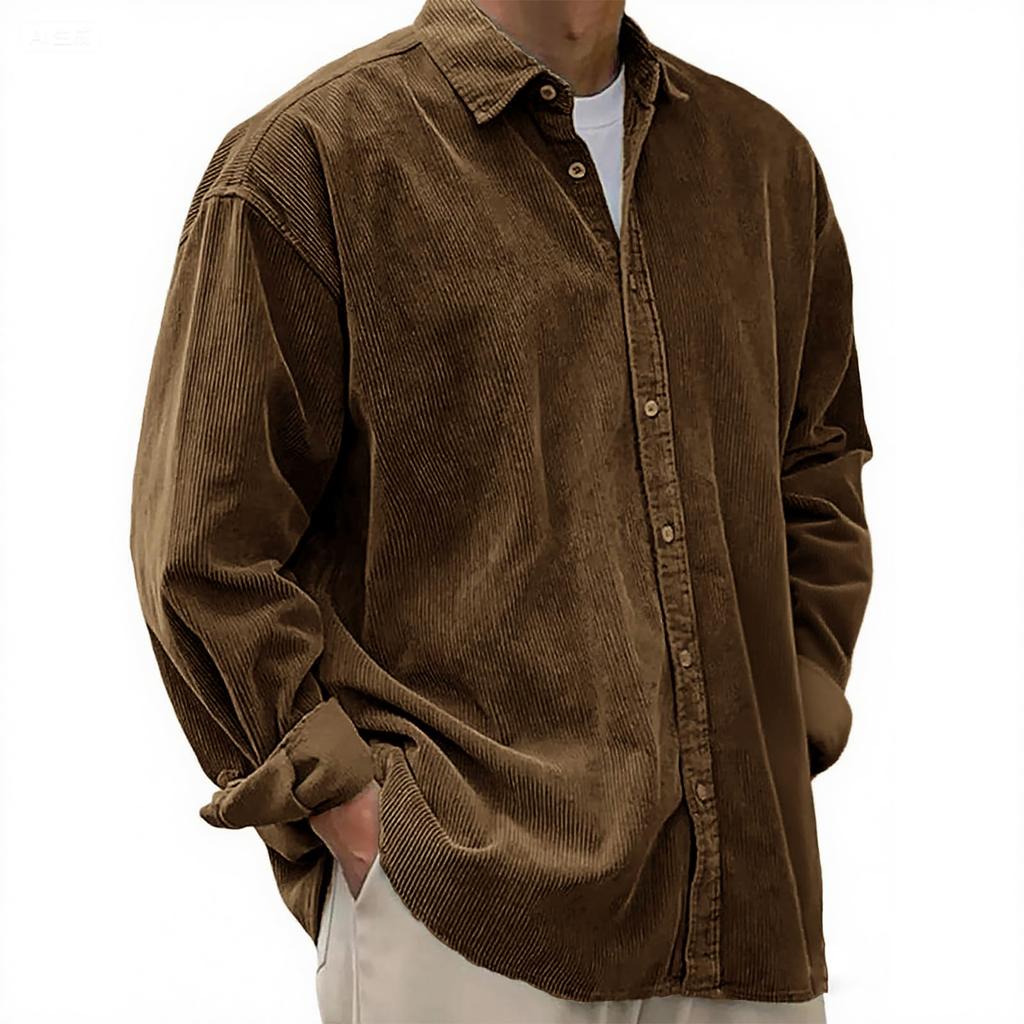 Men's Casual -color Corduroy Button Shirt, Men's Long-sleeved Trendy Loose Square-neck Thick Shirt