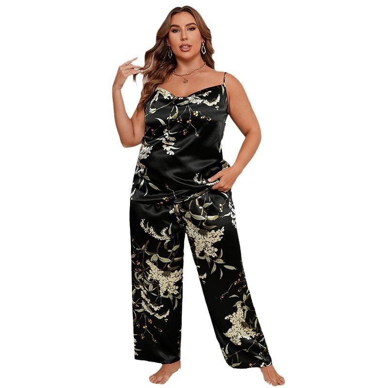 Large Size Camisole Sling+Pants Pajamas Women Summer Bathrobe Sexy Dressing Gown Home Dress Ice Silk Homewear Suit