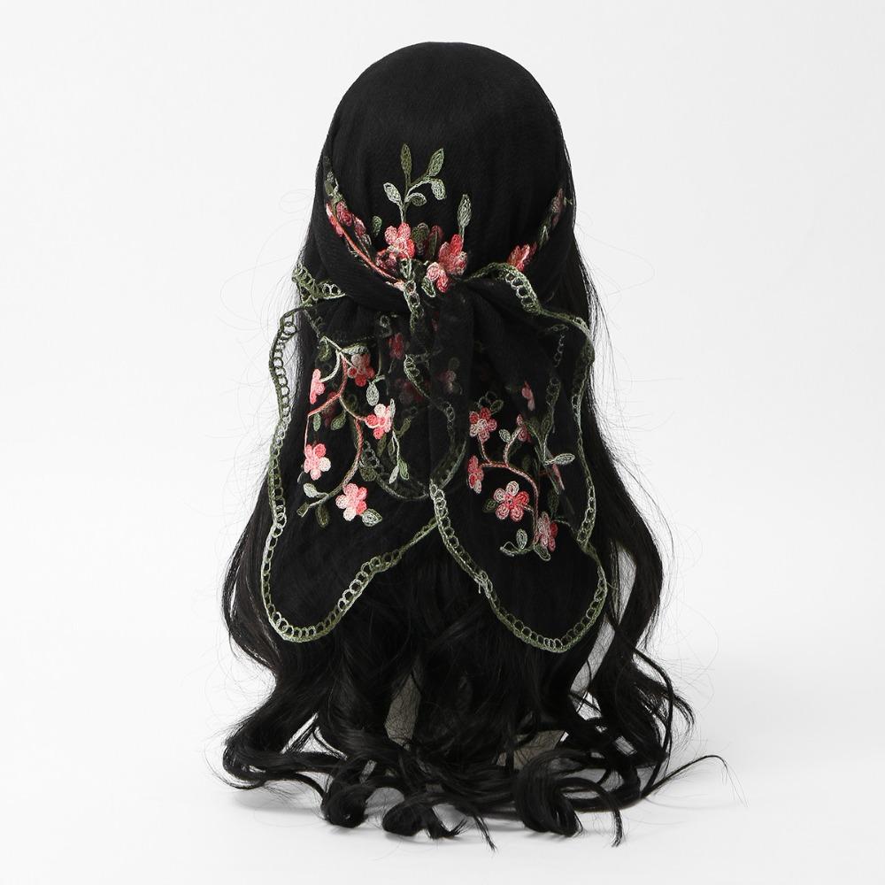 

New Plum Blossom Embroidery Lace Square Scarf Thin Vintage Headkercheif Hijab Neck Tie Shawl Wraps for Women чёрный