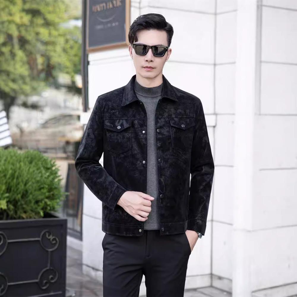 High-end Printed Leather Jacket for Men, Spring and Autumn New Style, Fashionable Korean Style, Large Size Men's Leather Jacket with Lapel