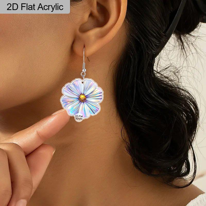 2D Flat Acrylic Cute Glittering Flower Dangle Earrings, Perfect as a Festive Gift for Women, Holiday Party Decorative Jewelry