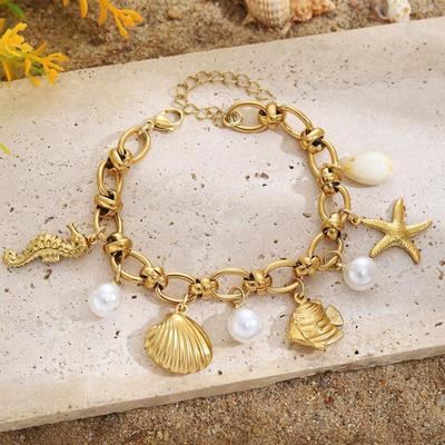 Sommer Strand Edelstahl Armbänder Für Frauen Seestern Muschel Ozean Stil Anhänger Böhmischer Schmuck Geschenk Modische Resortbekleidung