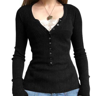 Vintage Lace Patchwork Cute Cotton Tshirts Women Korean Fashion Button Fairy Grunge Y2K Clothes Casual Spring Autumn Retro Tops
