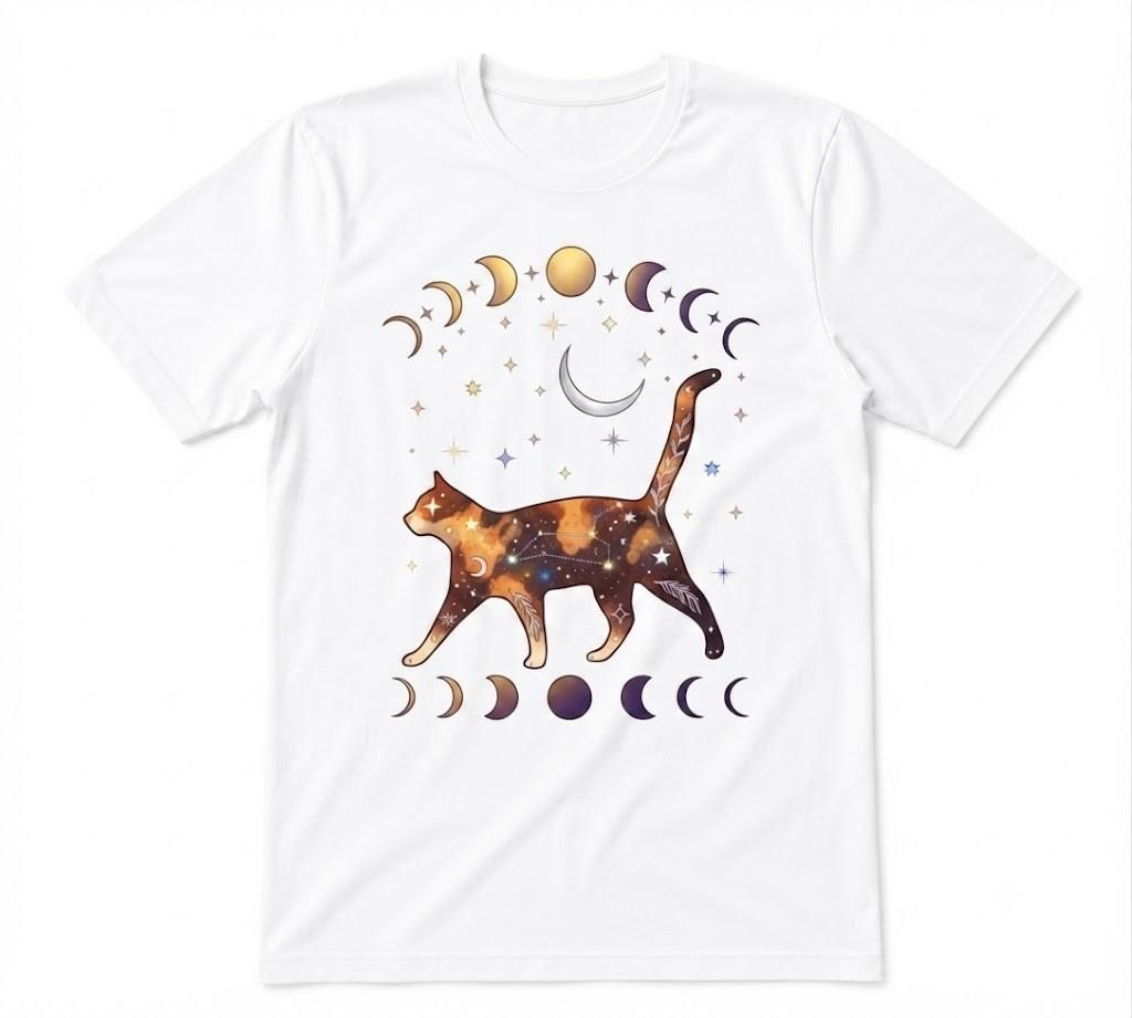 Mystical Cat Celestial Moon Phase Tee Graphic Unisex White T-shirt