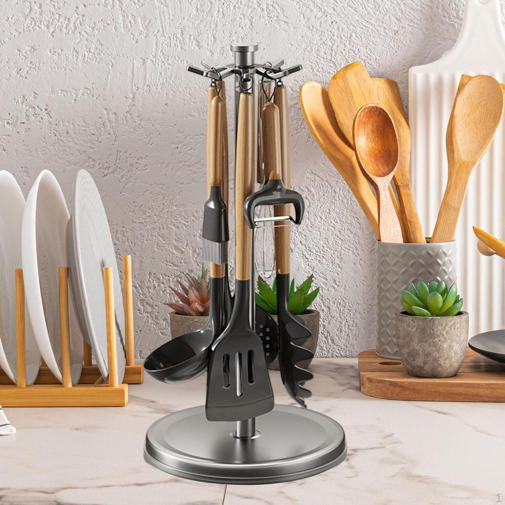 Degree Rotating Utensil Rack Hanger Stand Supplies Organizer with Hooks for Kitchen Counter Spoon