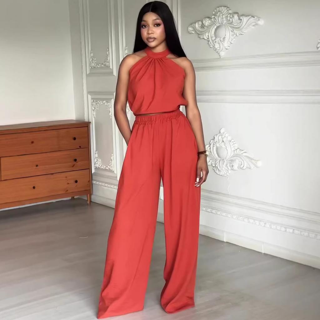 African temperament elegant sleeveless neck red short top new women's clothing high waist trousers European and American fashion suit