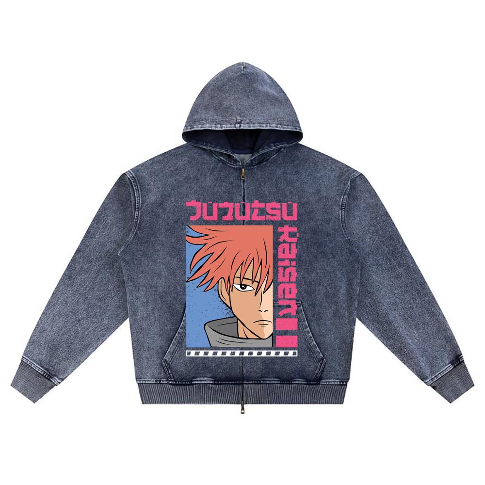 

DTG print Knitted Denim Zip-Up Hoodie anime streetwear 2 Brother Print Zipper Hoodies XL