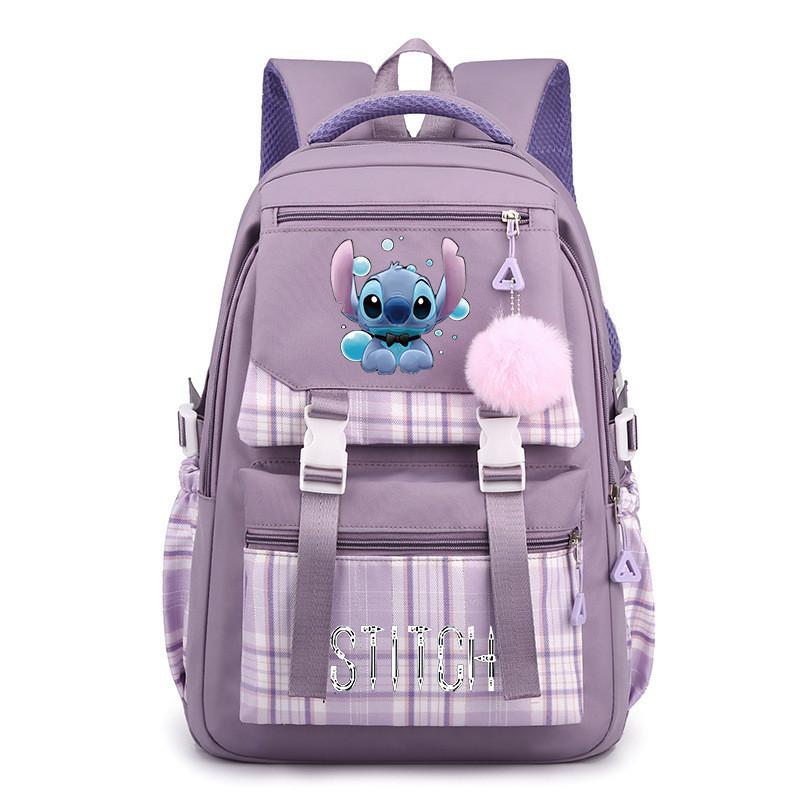 Cute Girl Backpack For School With Stitch Print And Checkered Patchwork Design For Middle School Students