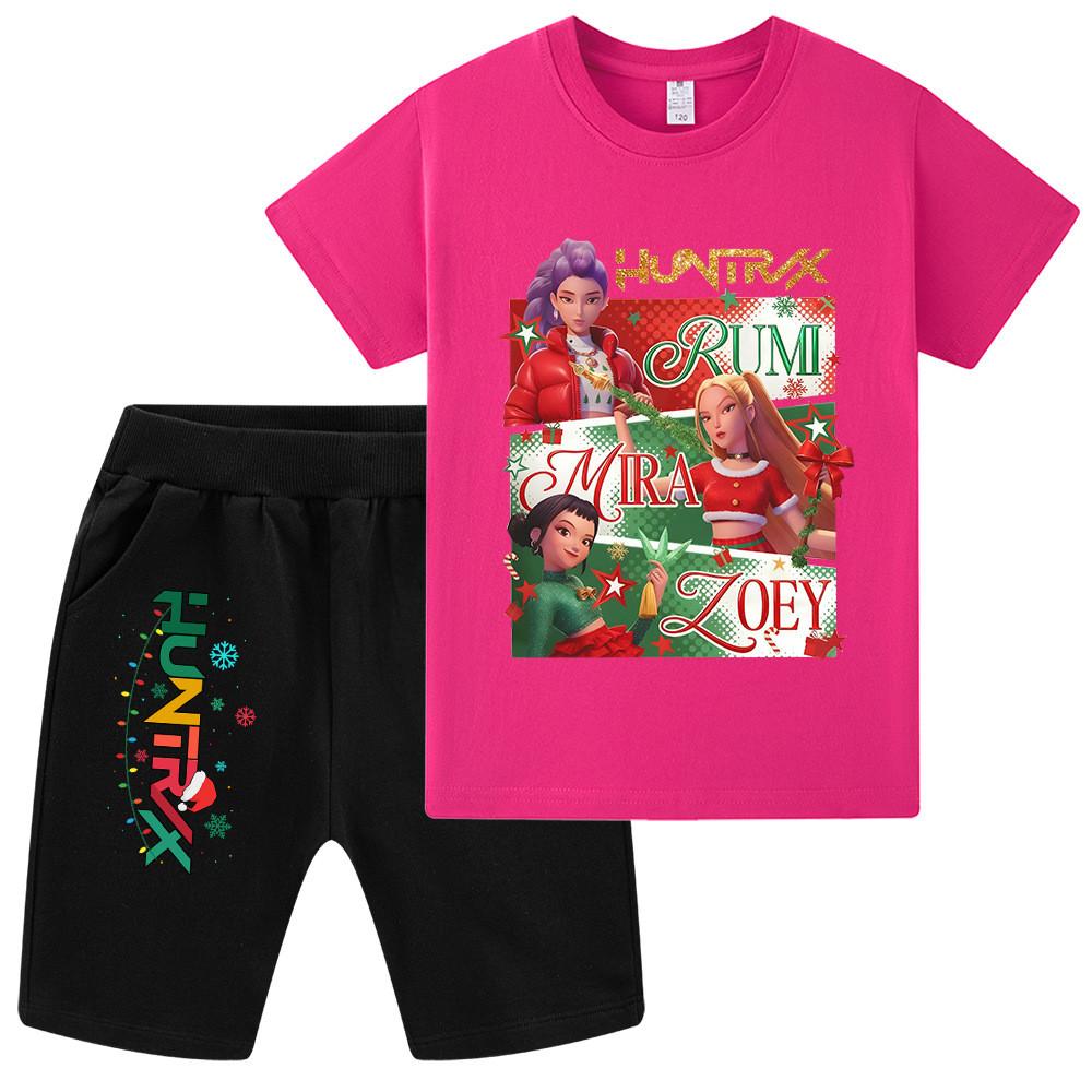 WA1264 Kids Boys Girls Kpop Rumi Zoey Mira Christmas Print Short Sleeves T-shirt Shorts Pants Sets