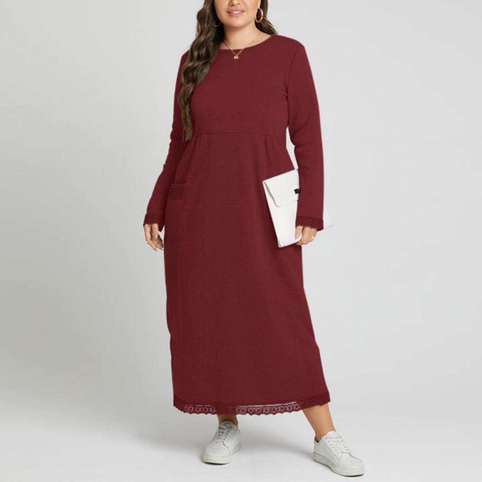 

Жіноча темпераментна однотонна універсальна мереживна довга сукня з кишенями та плюшевий светр L винний