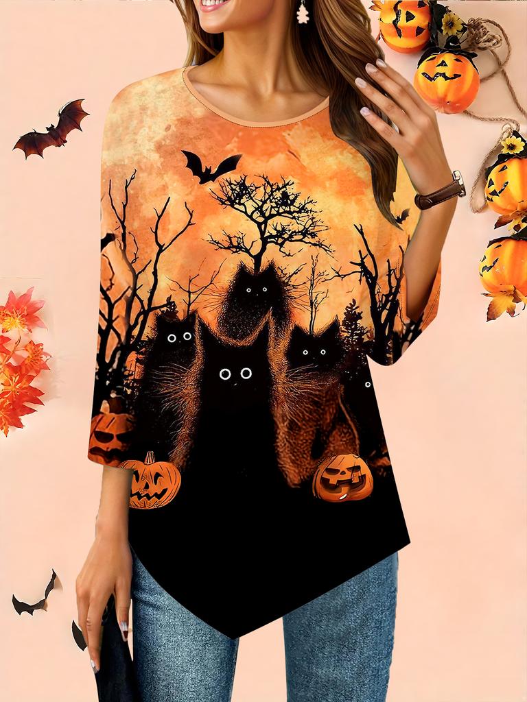 Women's Loose Round Neck Three Quarter Sleeve Tee 3D Halloween Pattern Ideal Halloween and Christmas Gift
