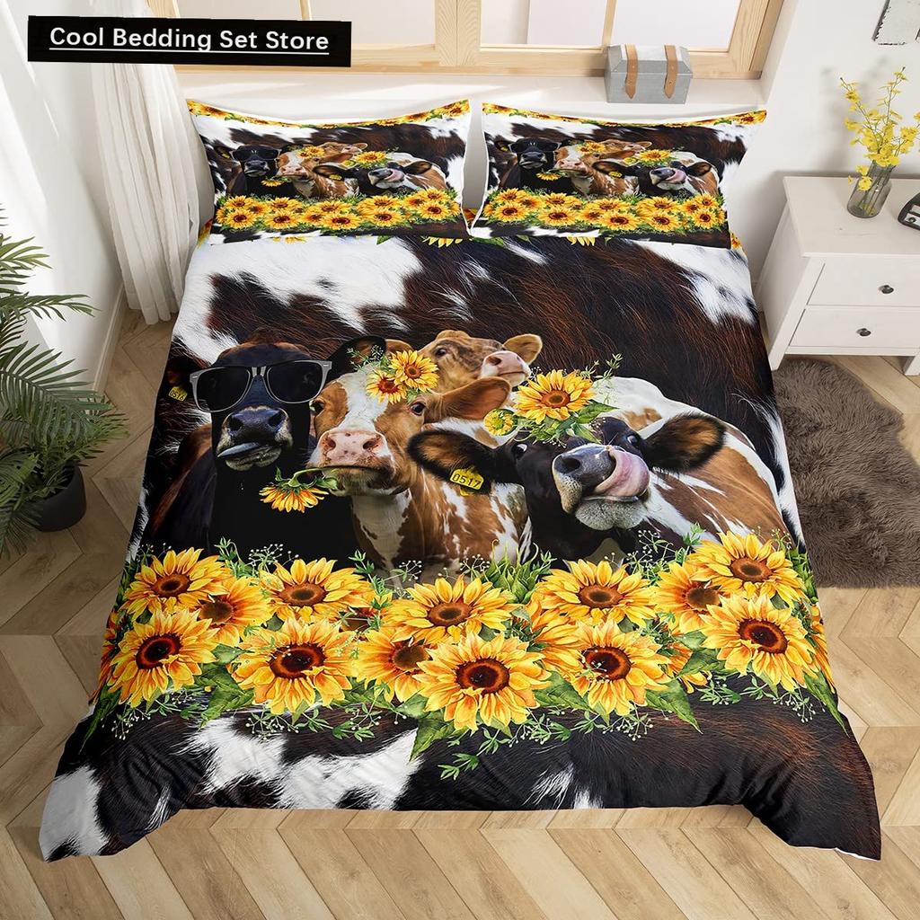 Comforter Cow Herd Pattern King Queen Bedding Set Highland Bull Farm Animal Dairy Cattle Comforter Polyester