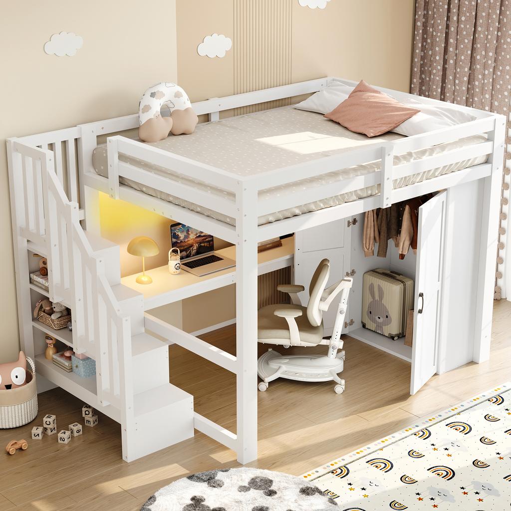 140x200 Loft Bed with Desk and Shelf, Wardrobe, Storage Stairs, USB and LED Lights, White
