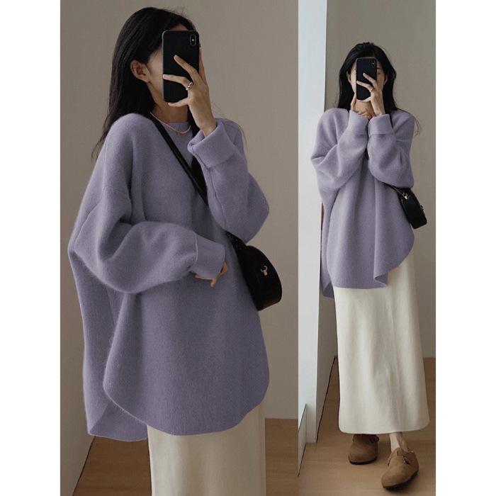 Split sweater gently knitted women's autumn and winter new lazy wind top soft waxy warm knitted sweater