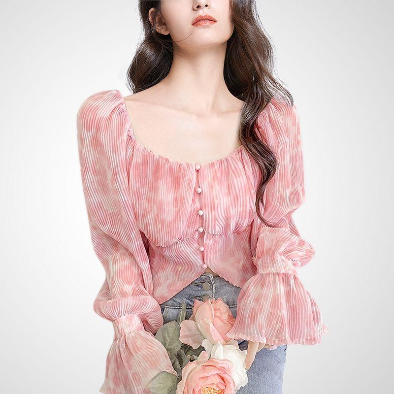 

Young Lady Style Petal Sleeve Micro Pleated Chiffon Shirt Pink 2XL