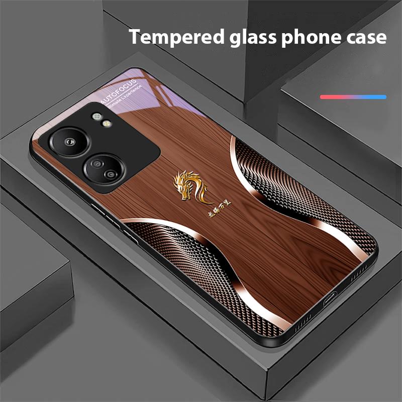 Holz Drache Schwarz Für Xiaomi Redmi 13C Note13 12 Pro Plus 5G Note 9 13T Pro POCO X6 F5 F6 Schwarz Gehärtetes Glas Handyhülle
