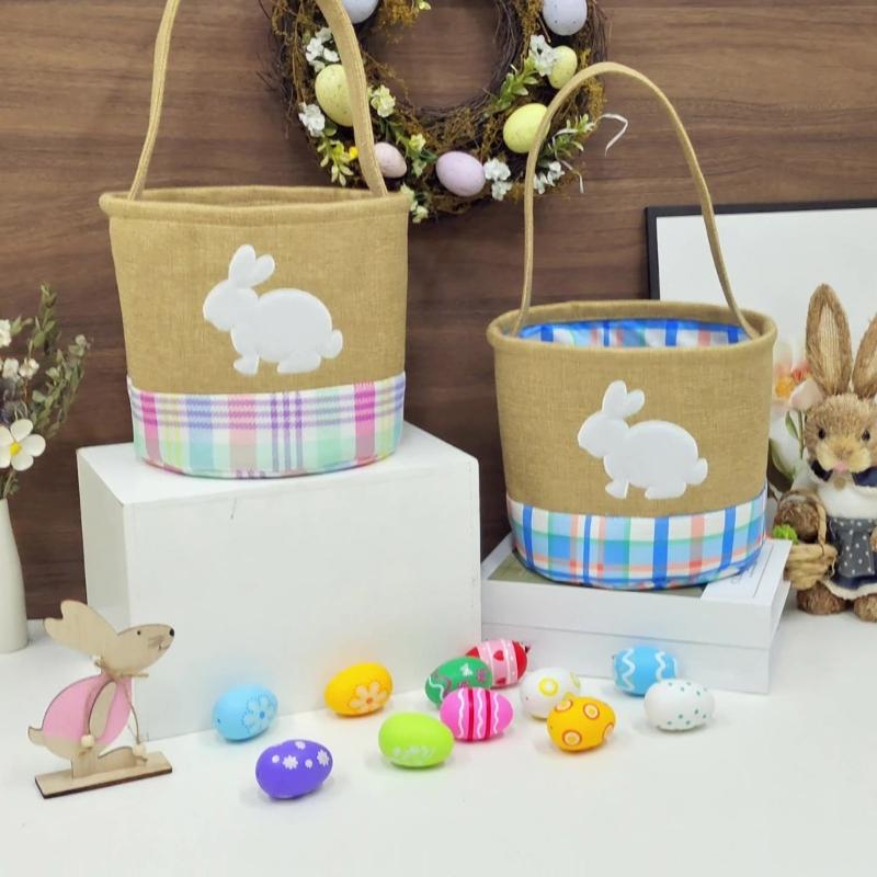 Reusable Striped Easters Decoration Basket Featuring Rabbit Patterns For Treat Storage And Tabletop Displays