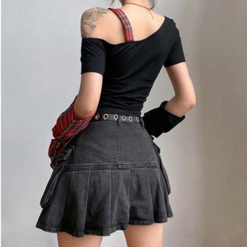 2KWEIRD Top Corti Patchwork Stella Estiva T-shirt a Quadri Moda Donna Monospalla Scoperto Y2k Maglietta Manica Lunga Camicie Fairy Grunge