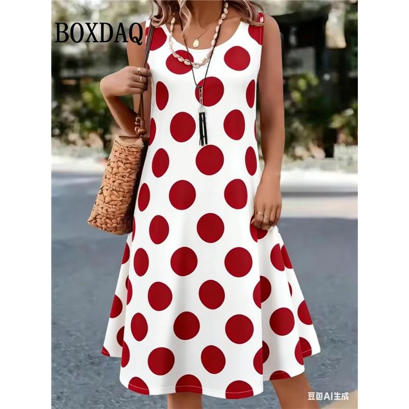Saldi Estivi Abito Senza Maniche a Pois Moda Elegante da Donna Mini Abito Stampato Casual Scollo Rotondo Ampio Abbigliamento da Donna