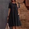 Summer European And American Ladies Loose Pockets Solid Color Round Neck Women's Cotton And Linen Dress Loose Casual Simple Elegant Daily Long Skirt