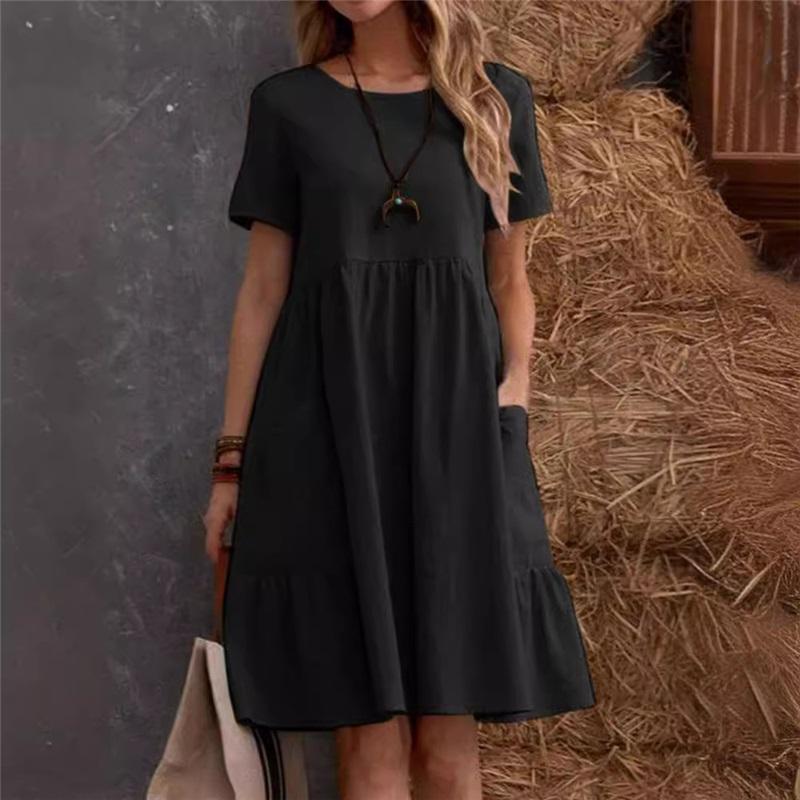 Summer European And American Ladies Loose Pockets Solid Color Round Neck Women's Cotton And Linen Dress Loose Casual Simple Elegant Daily Long Skirt