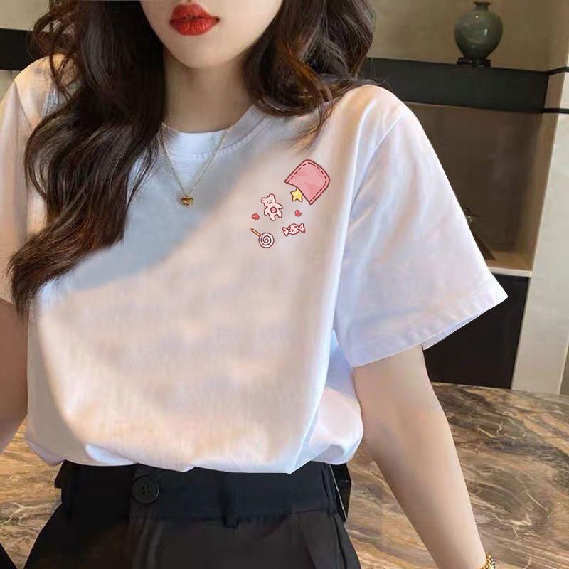 HNXC White Short-sleeved T-shirt for Women, Summer Loose Printed T-shirt for Ladies