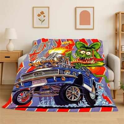 3D Rat Fink Cartoon Rennwagen Moto Schild Flanelldecke Weiche Warme Überwurfdecke für Schlafzimmer Wohnzimmer Bett Reise Picknick Geschenk