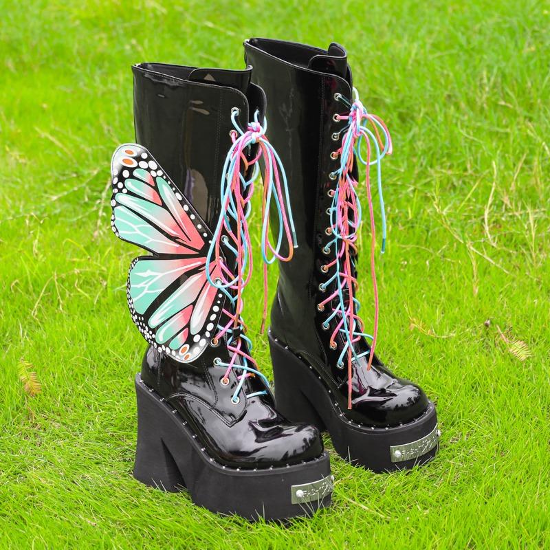Fashion Women's Dark Platform Locomotive Boot Punk Style Knee Boot Fashion Colored Wings Butterfly Mid Boot Women Tide Boots Boats Mujer
