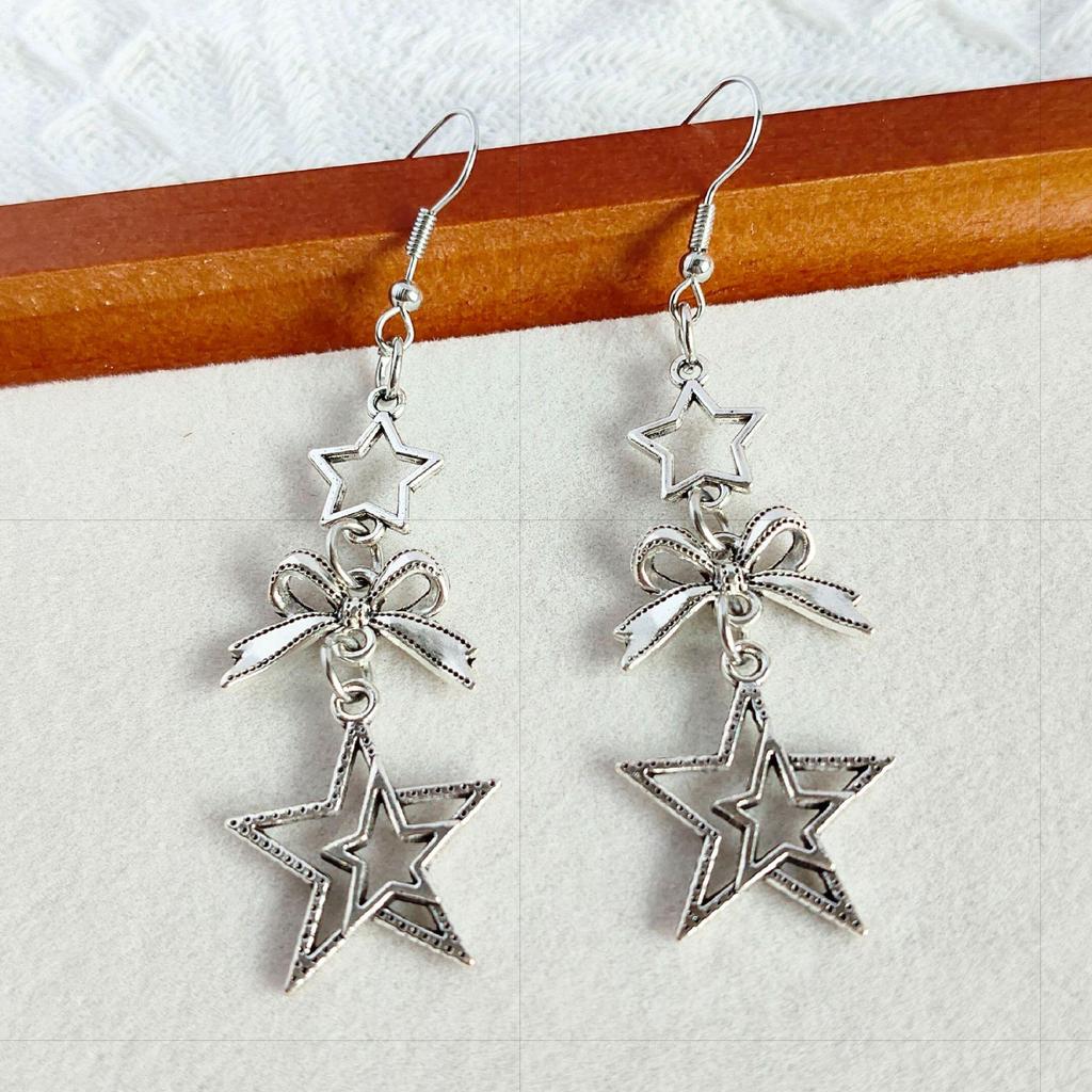 Niche Five-Pointed Star and Bow Heart Dangle Earrings