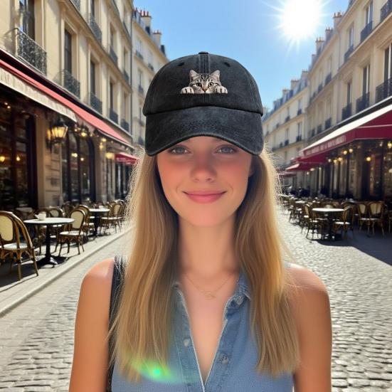 Baseball Hat Cat Printed Adjustable Washed Cotton Baseball Cap Retro