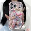 Cute Glittering Rhinestone Bear 2D Pattern Phone Case For iPhone 11 12 13 14 15 16 17 Pro Max 16e 17e 15 14 Plus Wavy-edge Cover