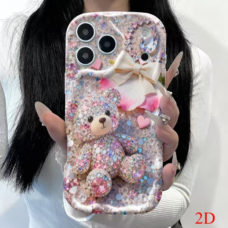 Cute Glittering Rhinestone Bear 2D Pattern Phone Case For iPhone 11 12 13 14 15 16 17 Pro Max 16e 17e 15 14 Plus Wavy-edge Cover iPhone 12