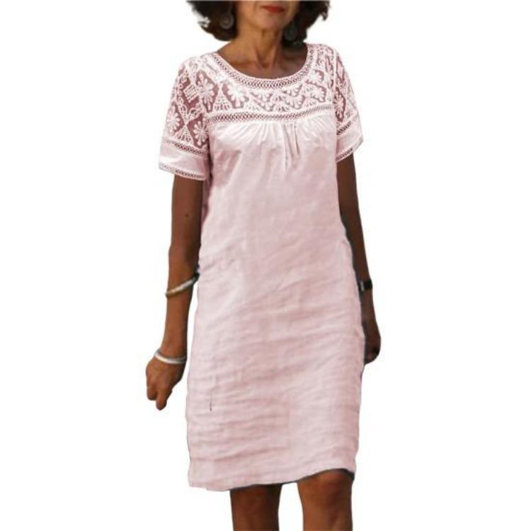 Women Casual Summer Loose Cotton Linen Mini Short Sleeve Round Neck Lace Sundress Beach Short Dresses