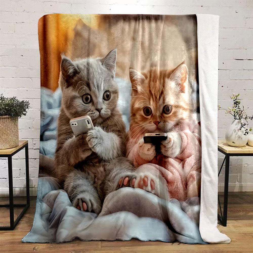 Cute Kittens Phone Pattern Blanket Bedroom Blanket for Livingroom Couch Lunch Break Soft Throw for Friend's Festival Gift