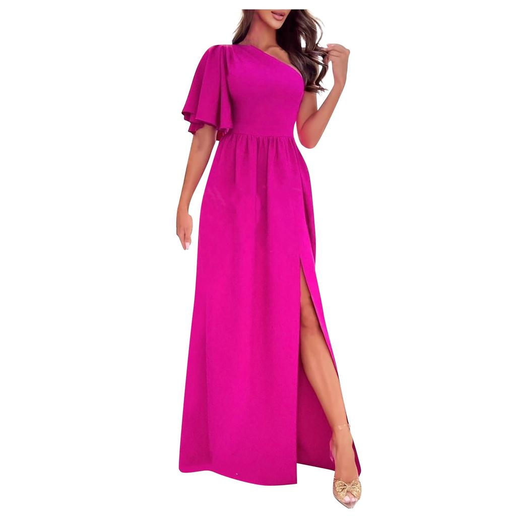 Women's Color Ruffle Slanted Shoulder Hem Slit Dress
