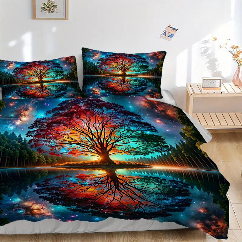 3pcs The Enchanted Tree in a Dreamlike Forest Pattern Bedding Set, 1* Cover + 2*Pillowcases, Printed Bedding Set, Soft