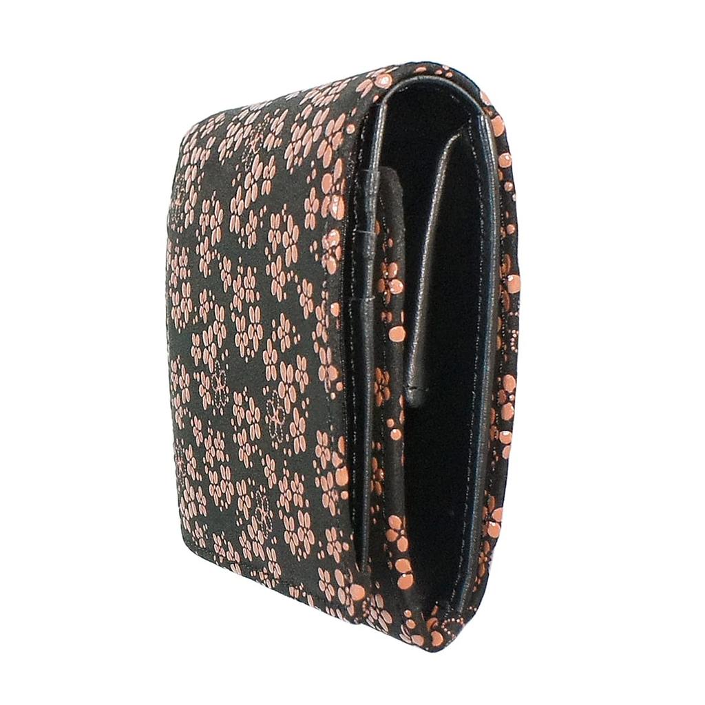 Indenya Inden Bifold Wallet with H-shaped Bill Compartment and Box-Shaped Coin Purse, Deerskin Leather, Black with Pink Lacquer, Forget-Me-Not