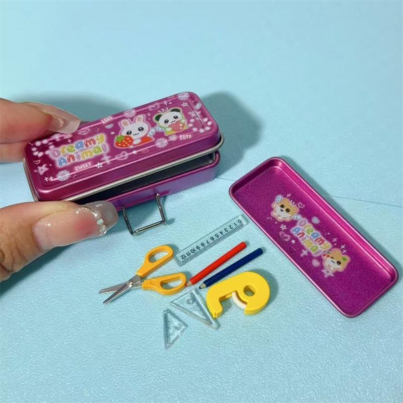 Dollhouse Miniature Double Layer Iron Pencil Box Pen Ruler Measuring Tape Scissors Model Micro Landscape Decor Pretend Play Toy