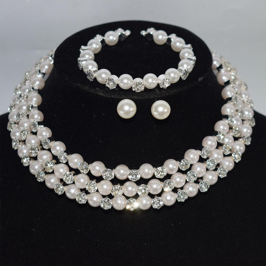 Bridal Wedding Pearl Rhinestone Bundle Neck Chain Collar Bracelet Stud Earrings Three-piece Amazon Claw Chain Set