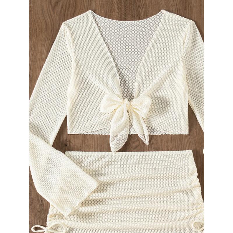 Sexy Mesh White 4 Piece Bikini Set 2025 Women Long Sleeve Cover Up with Skirt Swimsuit Beach Bathing Suit Holiday Thong Swimwear