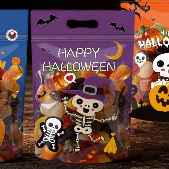 Durable Plastic Storage Containers 4PCS Halloween Candy Treat Bags with Handle, Translucent Stand-up Dessert Theme Holders Pouches, Cartoon