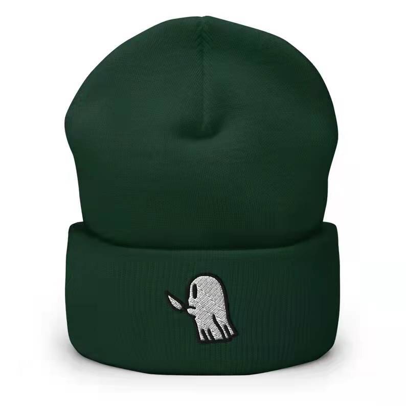 

Unisex student hip-hop cute cartoon hat with ghost embroidery, knitted beanie, outdoor sports warm hat Adjustable темно-зелений колір