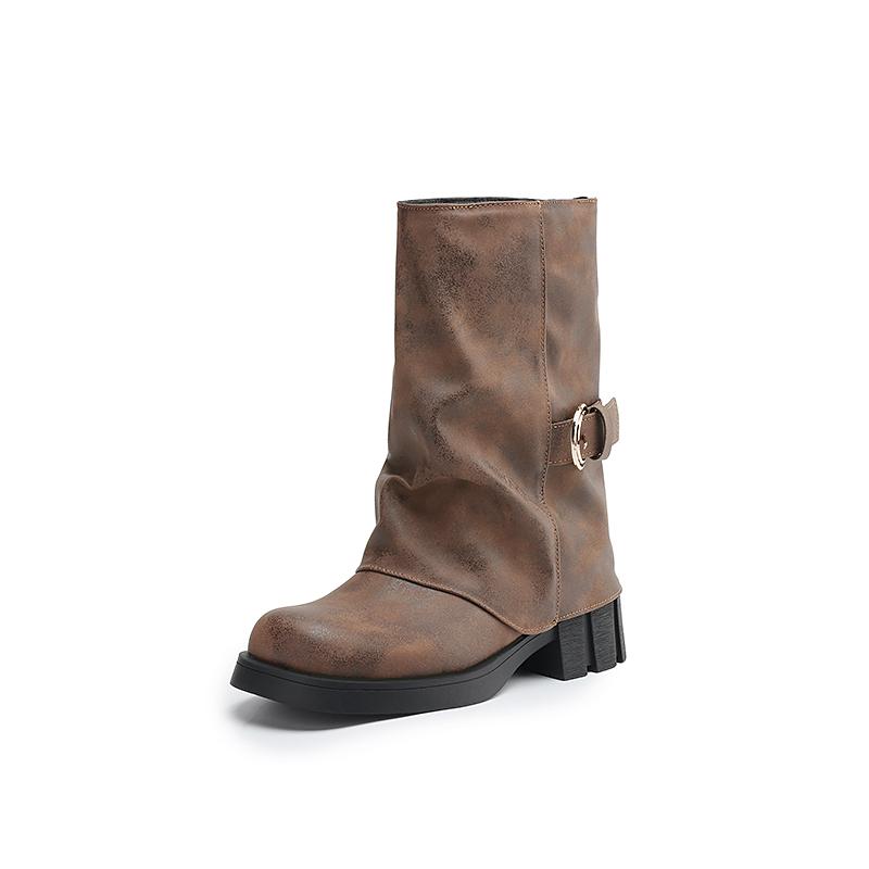 

Round Toe Anti Slip Thick Heel Metal Belt Buckle Decorative Sleeve Women s Boots Breathable Autumn New Mid Length Boots 34 коричневий
