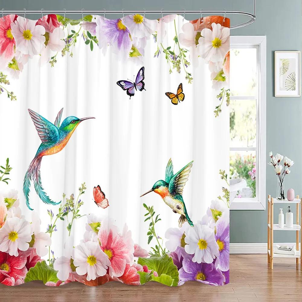Spring Botanical Floral Shower Curtain Watercolour Style Floral Landscape Washable Fabric Bath Curtain Bathroom Decor With Hooks
