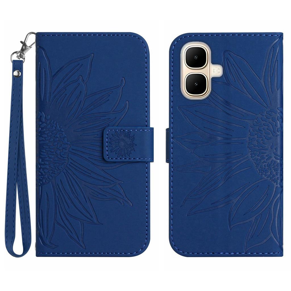 For TECNO Pop 10/Infinix Smart 10 Case Sunflower Imprint Leather Wallet Phone Cover with Wrist Strap