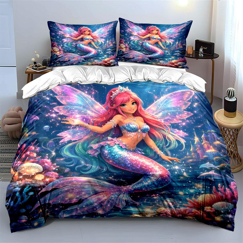Dreamy Rainbow Mermaid And Castle Bedding Set For Kids Luxury Gift 3Pcs Digital Print Comforter Set Soft Comfortable Breathable